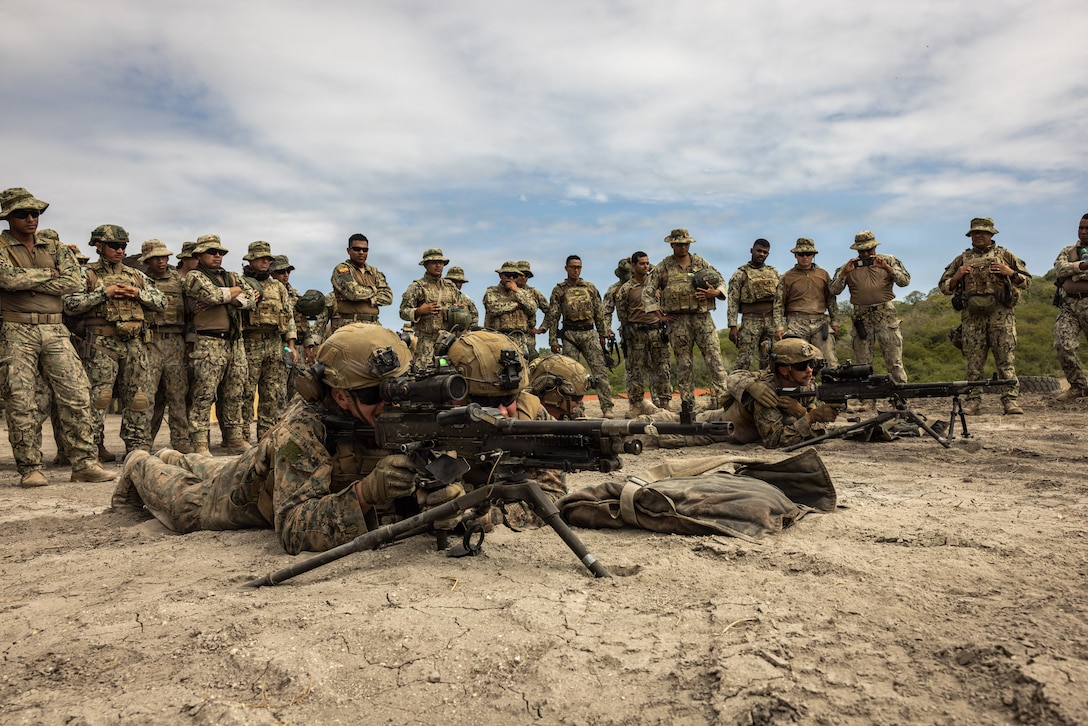 U.S. Marines with Light Armored Reconnaissance Company, Battalion Landing Team 3/6, 22nd Marine Expeditionary Unit (Special Operations Capable), demonstrate an occupation by force for support by fire during a bilateral exercise on Naval Base Jaramijó, Ecuador, April 27, 2026. The 22nd MEU (SOC)’s Ecuador bilateral training enhances interoperability with partner forces, reinforces longstanding security relationships, and improves combined readiness to respond to crises across the region. U.S. military forces are deployed to the region in support of U.S. Southern Command mission objectives and the president’s priorities to strengthen regional security, disrupt illicit drug trafficking, and protect the U.S. homeland. (U.S. Marine Corps photo)