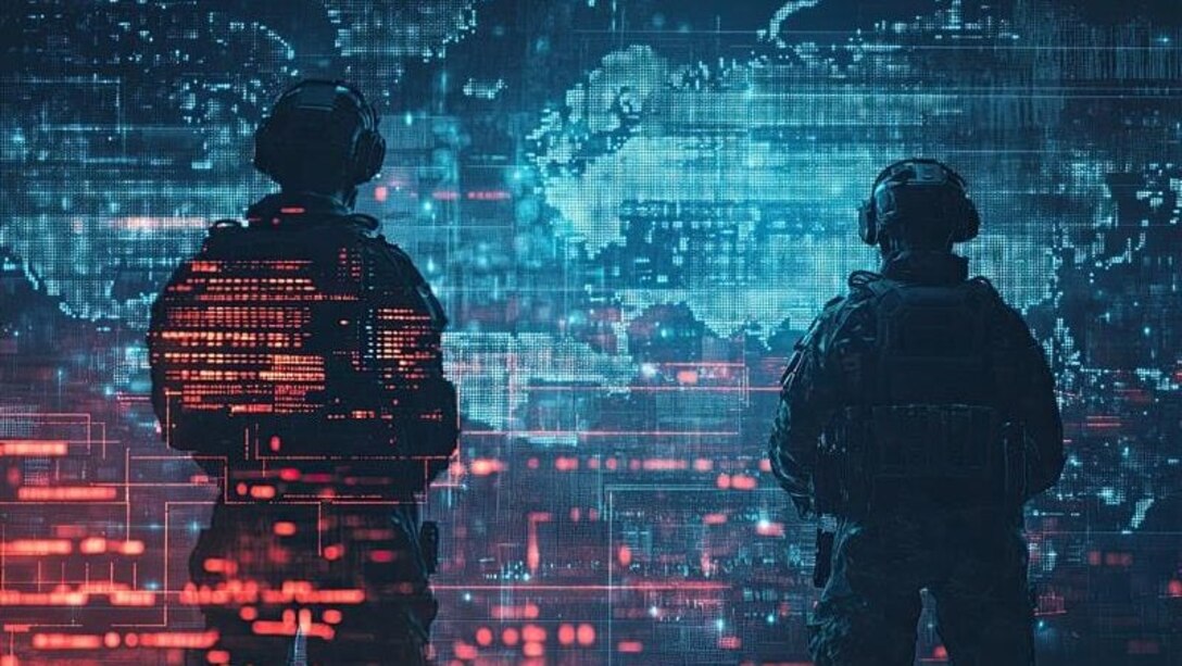 Two silhouetted soldiers in tactical gear stand side by side, facing a glowing digital interface filled with data streams, maps, and code, evoking cyber warfare and modern battlefield technology.