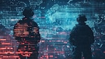 Two silhouetted soldiers in tactical gear stand side by side, facing a glowing digital interface filled with data streams, maps, and code, evoking cyber warfare and modern battlefield technology.