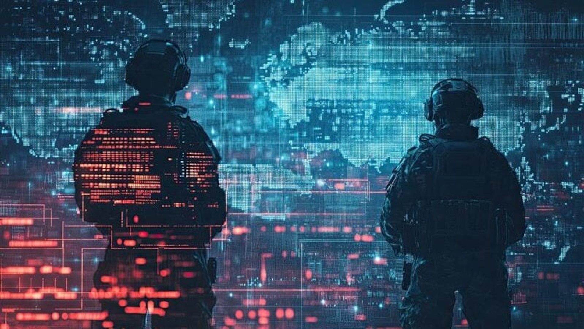 Two silhouetted soldiers in tactical gear stand side by side, facing a glowing digital interface filled with data streams, maps, and code, evoking cyber warfare and modern battlefield technology.