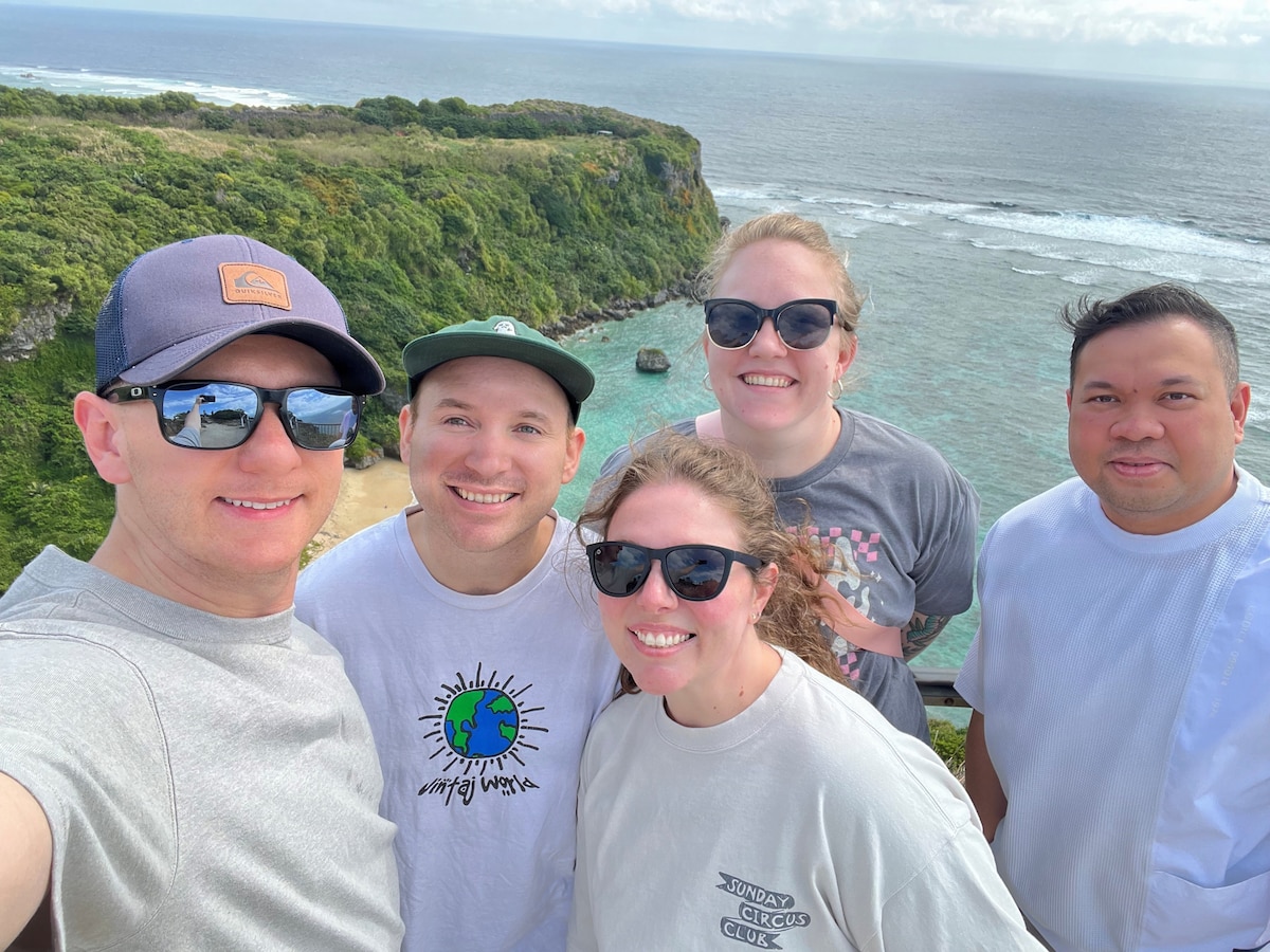 U.S. Air Force Airmen attending Noncommissioned Officer Academy at Kadena Air Base, Japan, pose for a photo during a trip to Okinawa’s Miyagi Islands on March 22, 2026. During the outing, the group responded to an off-duty emergency at Ikei Beach, applying Tactical Combat Casualty Care training to assist an injured local man until emergency responders arrived. (U.S. Air Force courtesy photo)