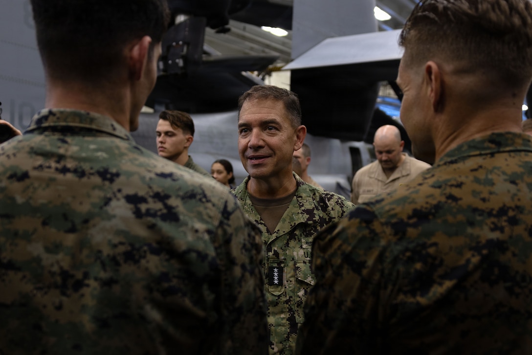 U.S. Navy Admiral Brad Cooper, commander of U.S. Central Command, speaks with the America-class amphibious assault ship USS Tripoli (LHA 7) crew in the hangar bay during an awards quarters. Cooper interacted with Sailors and Marines and toured various spaces aboard the amphibious assault ship. Tripoli is deployed to the U.S. 5th Fleet area of operations to support maritime security and stability in the Middle East. (U.S. Navy photo by Senior Chief Mass Communication Specialist Amanda Dunford)
