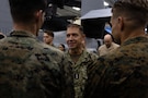 U.S. Navy Admiral Brad Cooper, commander of U.S. Central Command, speaks with the America-class amphibious assault ship USS Tripoli (LHA 7) crew in the hangar bay during an awards quarters. Cooper interacted with Sailors and Marines and toured various spaces aboard the amphibious assault ship. Tripoli is deployed to the U.S. 5th Fleet area of operations to support maritime security and stability in the Middle East. (U.S. Navy photo by Senior Chief Mass Communication Specialist Amanda Dunford)
