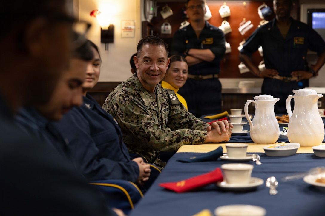 U.S. Navy Admiral Brad Cooper, commander of U.S. Central Command, speaks with crew members assigned to Arleigh Burke-class guided-missile destroyer USS Milius (DDG 69) during an open forum discussion. Cooper interacted with Sailors, recognized the ship's top performers and provided words of encouragement during a 1MC announcement. Milius is deployed to the U.S. 5th Fleet area of operation to support maritime security and stability in the Middle East. (U.S. Navy photo by Senior Chief Mass Communication Specialist Amanda Dunford)