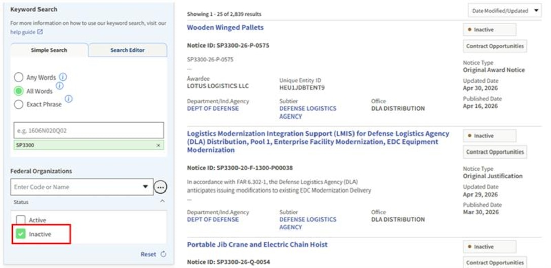 DLA Distribution solicitations in SAM.gov showing Inactive status.