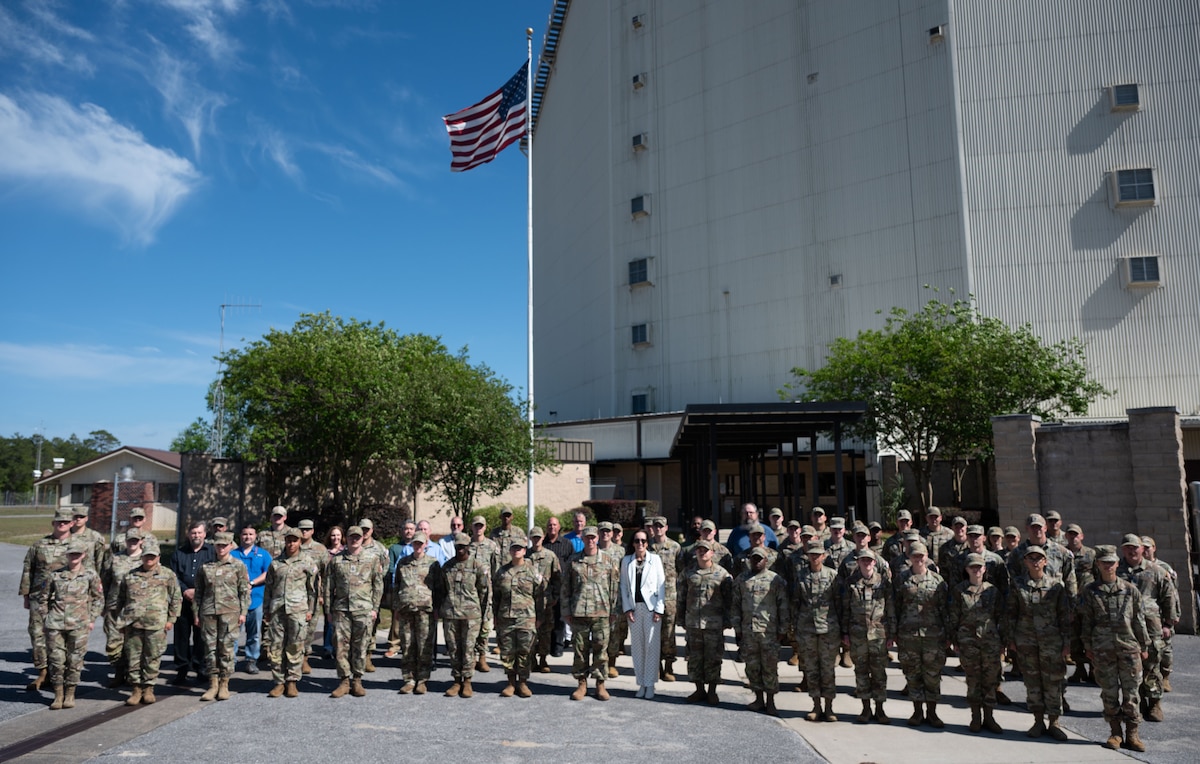 U.S. Space Force Gen. B. Chance Saltzman, Chief of Space Operations, poses for a photo with members of the 20th Space Surveillance Squadron at Eglin Air Force Base, Florida, April 13, 2026. The 20th SPSS executes multi-platform tactical space domain characterization and responsiveness to support Space Delta 2 and U.S. Space Command warfighting intent. (U.S. Air Force photo by 2nd Lt Hannah Lancaster)
