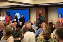 A Portfolio Acquisition Executive (PAE) Strategic Systems Programs (SSP) employee asks a question to Vice Adm. Johnny Wolfe Jr., the director for PAE SSP, at the command’s town hall event in Washington D.C., on April 27, 2026. Wolfe reflected on the command’s 70-year history, program accomplishments, and the valuable work PAE SSP employees have contributed to the Navy’s strategic deterrence mission during the town hall event.



PAE SSP is responsible for sustaining the strategic weapon system on the Ohio-class ballistic missile submarines and supporting the integration of the D5LE weapon system on the new Columbia-class SSBNs. Looking to the future, SSP is actively modernizing the sea-based leg of the nuclear triad through the development of the D5LE2 SWS and pioneering regional strike capabilities of the future through development of the nuclear-armed sea launched cruise missile and the non-nuclear hypersonic conventional prompt strike system.