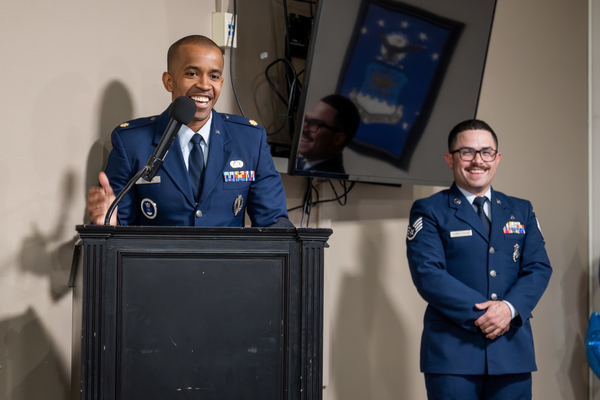 U.S. Air Force Major Joshua Dishmon, 344th Recruiting Squadron flight commander, gives a speech during a signing day event at Dyess Air Force Base, Texas, April 30, 2026. The Military Signing Day ceremony formally recognized the students’ commitment to serving their country in their respective branch of service. (U.S. Air Force Photo by Airman 1st Class Caleb Schellenberg)