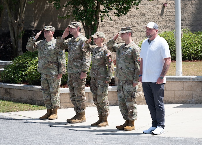 U.S. Space Force Gen. B. Chance Saltzman, Chief of Space Operations, greets 20th Space Surveillance Squadron leadership at Eglin Air Force Base, Florida, April 13, 2026. The 20th Space Surveillance Squadron executes multi-platform tactical space domain characterization and responsiveness to support Space Delta 2 and U.S. Space Command warfighting intent. (U.S. Air Force photo by 2nd Lt Hannah Lancaster)