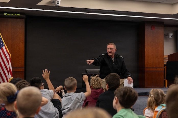 Vice Adm. Johnny Wolfe Jr., the director for Portfolio Acquisition (PAE) Executive Strategic Systems Programs (SSP), answers questions from children of the workforce at PAE SSP’s Bring Your Child to Work Day on April 23, 2026. PAE SSP welcomed more than 275 children to the command’s headquarters in Washington D.C., to learn about their parents’ day-to-day job supporting the U.S. Navy’s strategic deterrence mission.