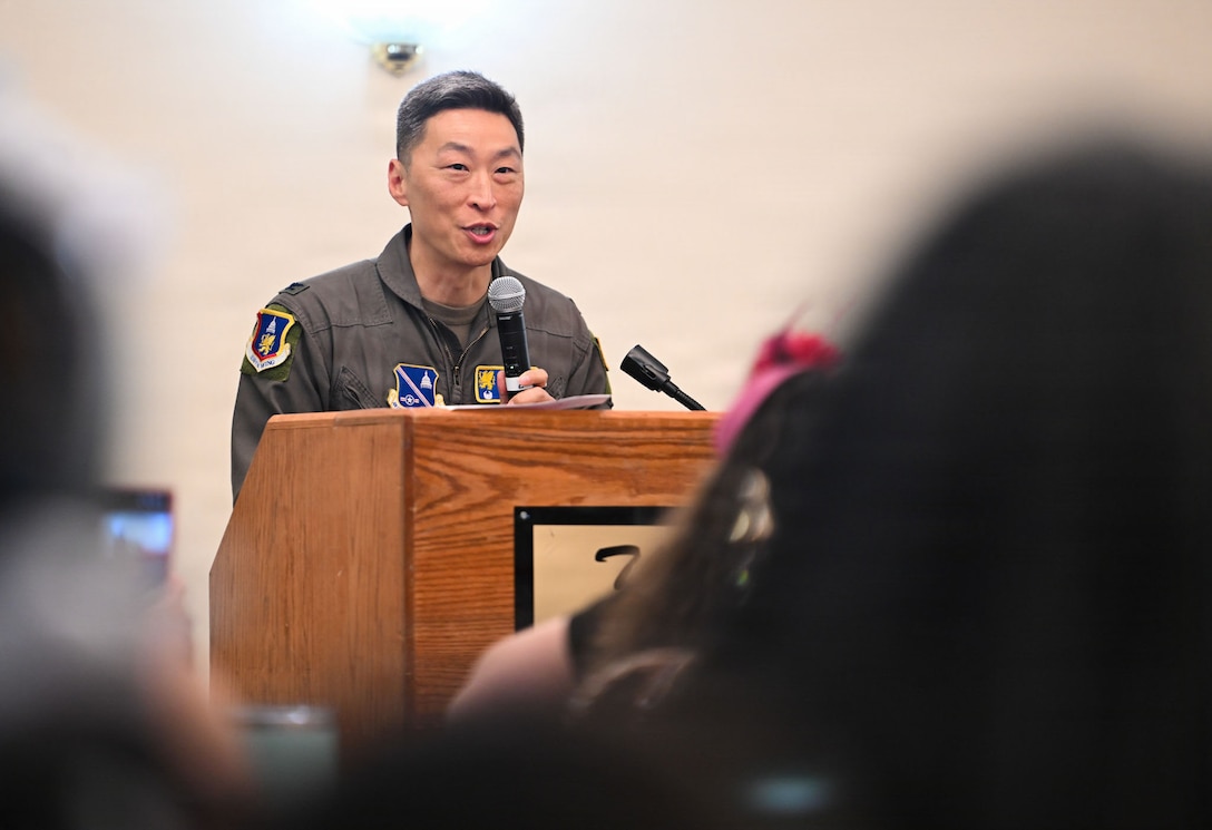U.S. Air Force Col. Jun S. Oh, 316th Wing and installation commander, delivers opening remarks during the military spouse appreciation event at The Club at Andrews on Joint Base Andrews, Maryland, May 1, 2026.