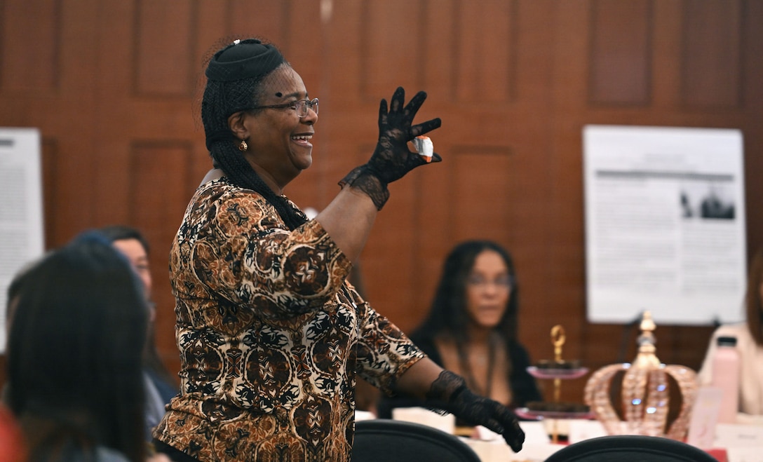 Barbara Montgomery, military spouse, participates in an icebreaker session during the military spouse appreciation event at Joint Base Andrews, Maryland, May 1, 2026.