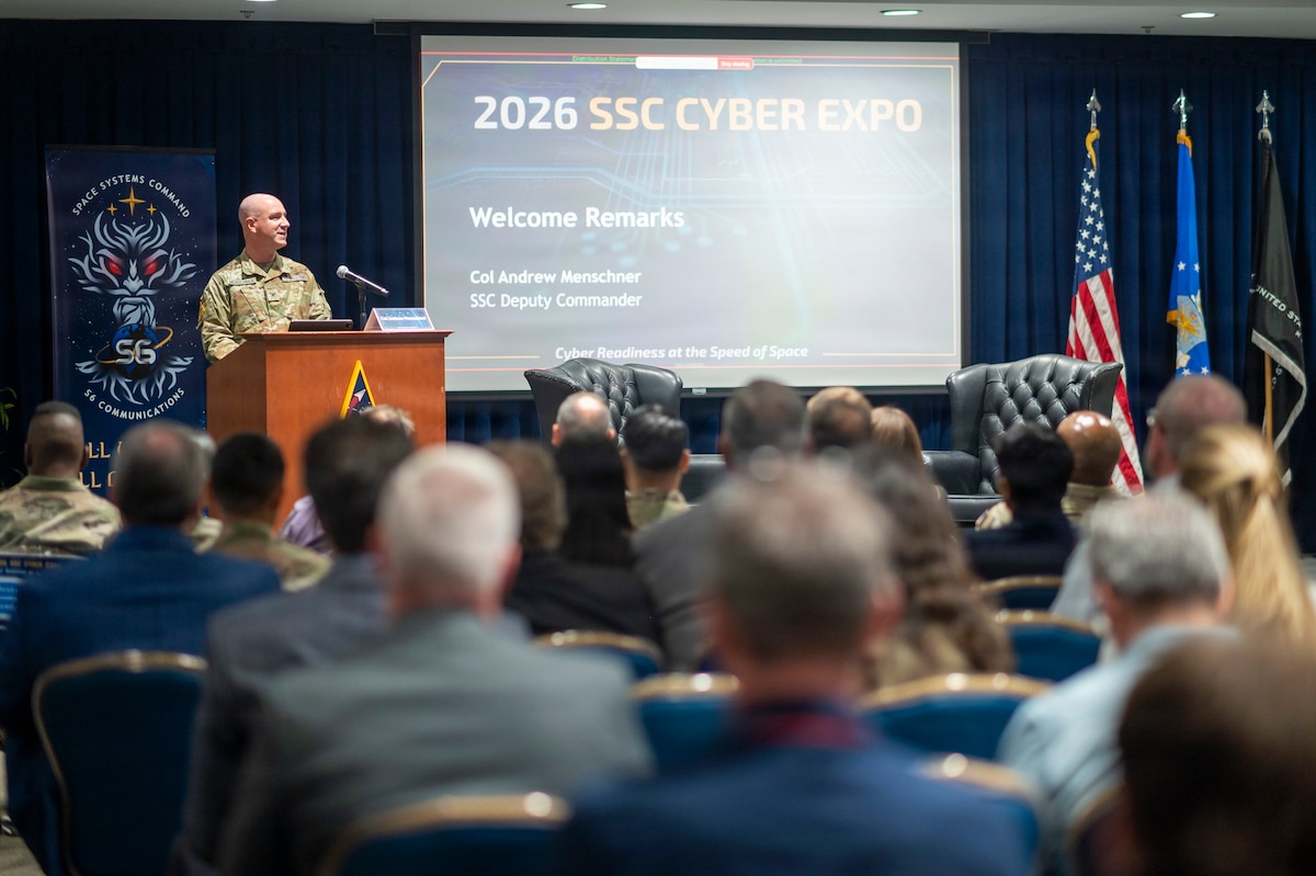 Col. Andrew Menschner, SSC deputy commander, delivers opening remarks at the 8th annual Space Systems Command (SSC) Cyber Expo, April 21–23, 2026, at Los Angeles Air Force Base in El Segundo, California. (U.S. Space Force photo by Van Ha)