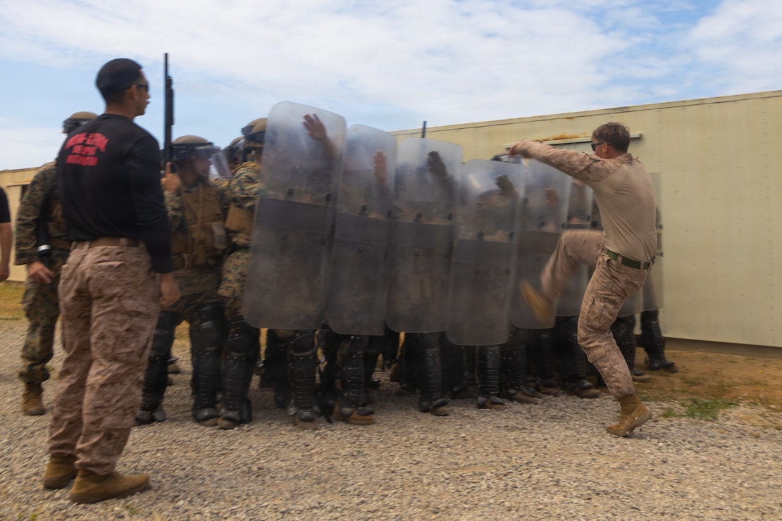 U.S. Marines with 2nd Battalion, 5th Marine Regiment, 1st Marine Division, hold the line against a simulated protestor as part of riot control training during a non-lethal weapons course at Marine Corps Base Camp Pendleton, California, April 30, 2026.
