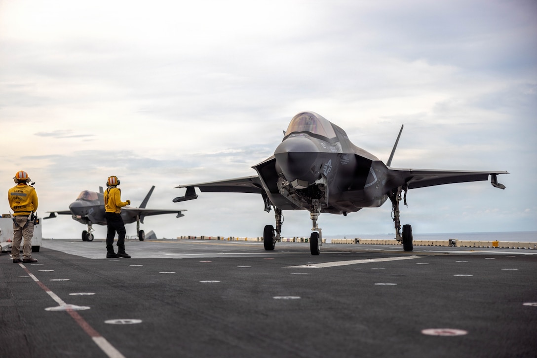 U.S. Marine Corps F-35B Lightning II assigned to Marine Fighter Attack Squadron (VMFA) 122, 11th Marine Expeditionary Unit, stage during flight operations aboard Wasp-class amphibious assault ship USS Boxer (LHD 4) in the Pacific Ocean, May 2, 2026.