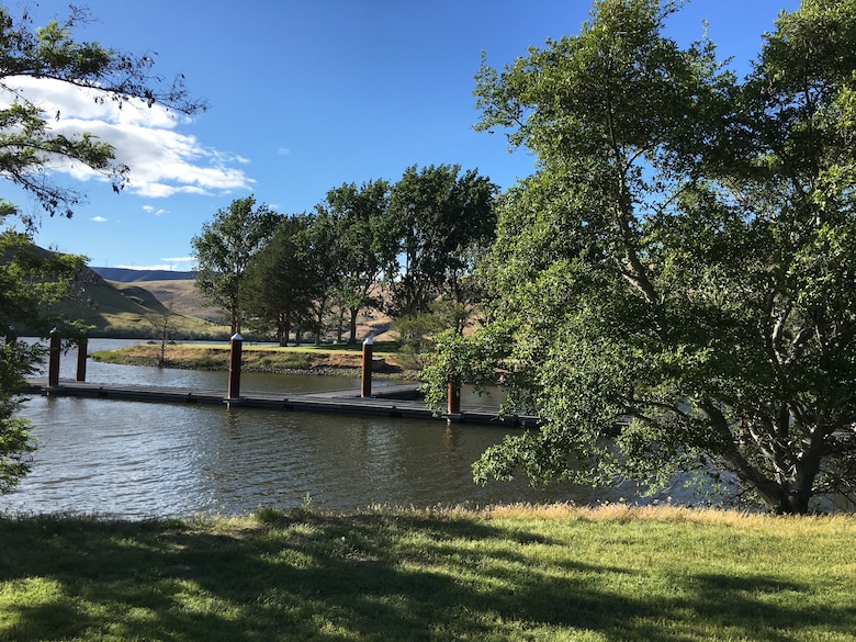 A calm river bordered by green grass and leafy trees, with a small wooden dock extending into the water. Sunlight filters through the branches, and rolling hills rise in the background under a bright blue sky with a few scattered clouds.