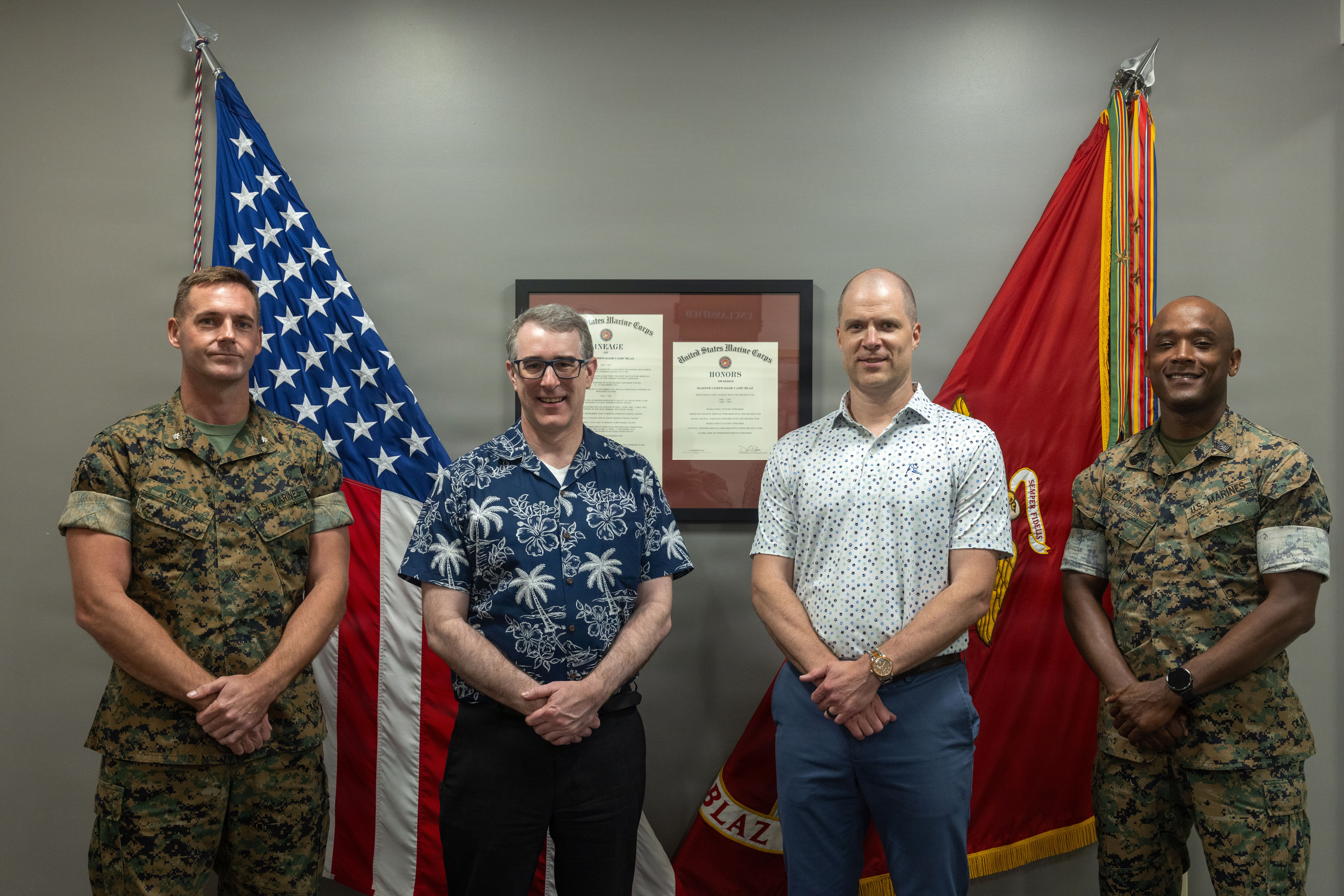 Distinguished visitors and senior leaders of Marine Corps Base Camp Blaz pose for a group photo at MCB Camp Blaz, Guam, April 9, 2026. Mr. Andrew L. Winternitz, acting deputy assistant secretary of war for defense for East Asia, along with other officials from the Office of the Secretary of Defense, visited the installation to discuss future development initiatives for Camp Blaz. (U.S. Marine Corps photo by Cpl. Rey Moreno Marilao)