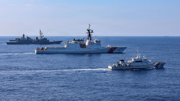 Fromt front, Philippine Coast Guard Parola-class patrol vessel BRP Cape San Agustin (MRRV 4408), U.S. Coast Guard Legend-class cutter USCGC Midgett (WMSL 757), Japan Maritime Self-Defense Force Murasame-class destroyer JS Ikazuchi (DD 107) and Royal Australian Navy Anzac-class frigate HMAS Toowoomba (FFH 156) cruise in formation during a group sail exercise for Exercise Balikatan 2026 in the South China Sea, April 28, 2026. Balikatan is a longstanding annual exercise between the Armed Forces of the Philippines and U.S. military that represents the strength of our alliance, improves our capable combined force, and demonstrates our commitment to regional peace and prosperity. (U.S. Navy photo by Mass Communication Specialist 1st Class John B. Hetherington)