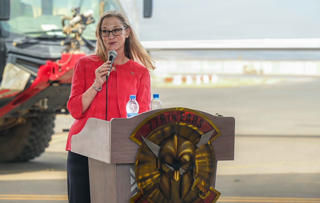 U.S. Ambassador to Djibouti Cynthia Kierscht addresses attendees during a change of command ceremony at Chabelley Airfield, Djibouti, April 24, 2026. The change of command ceremony is a military tradition that represents a formal transfer of authority and responsibility for a unit. (U.S. Army photo by SGT Vivian Nakaana)