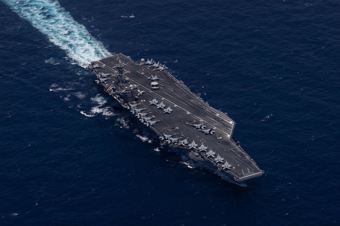 Nimitz-class aircraft carrier USS George H.W. Bush (CVN 77) sails in the Arabian Sea, May 3, 2026. George H.W. Bush is deployed to the U.S. 5th Fleet area of operations to support maritime security and stability in the Middle East. (U.S. Navy photo)
