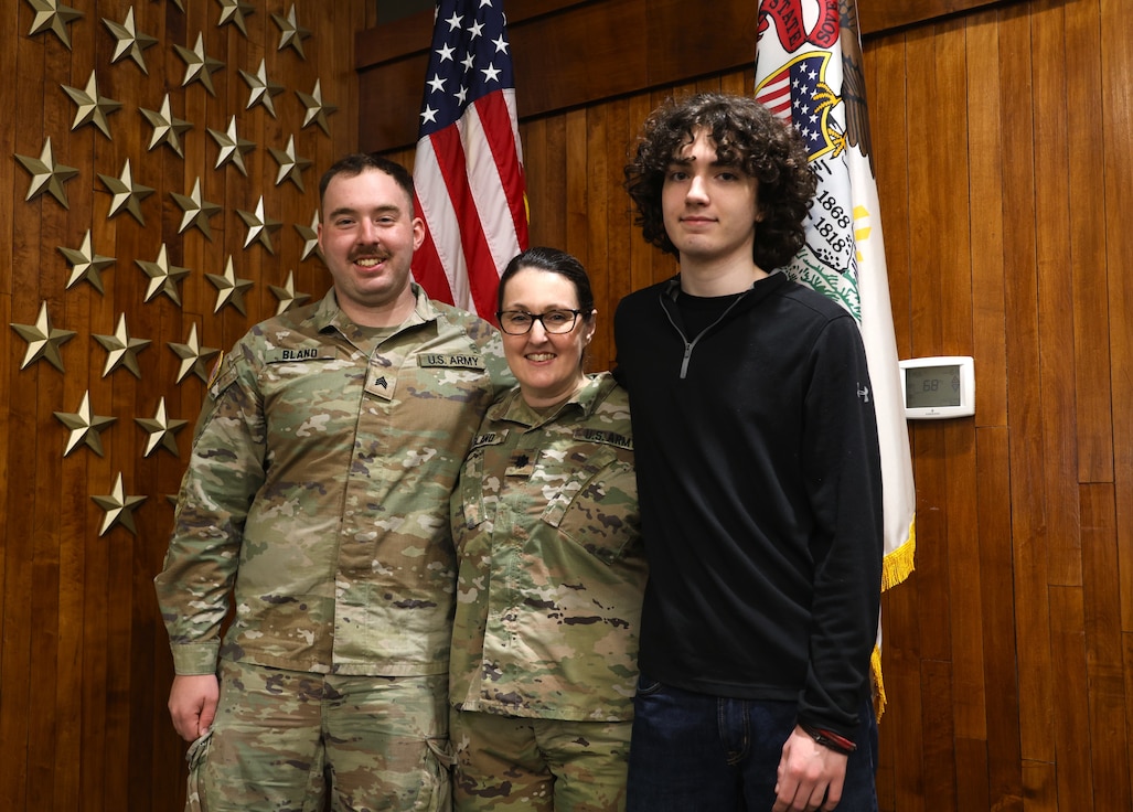 Lt. Col. Bernadette Bland of Belvidere, a veteran of two overseas deployments and multiple domestic emergency missions, with her sons, Sgt. Rob Bland and Kevin Bland, after her retirement ceremony at the Illinois Military Academy Auditorium on Camp Lincoln in Springfield, Ill on May 3, 2026.