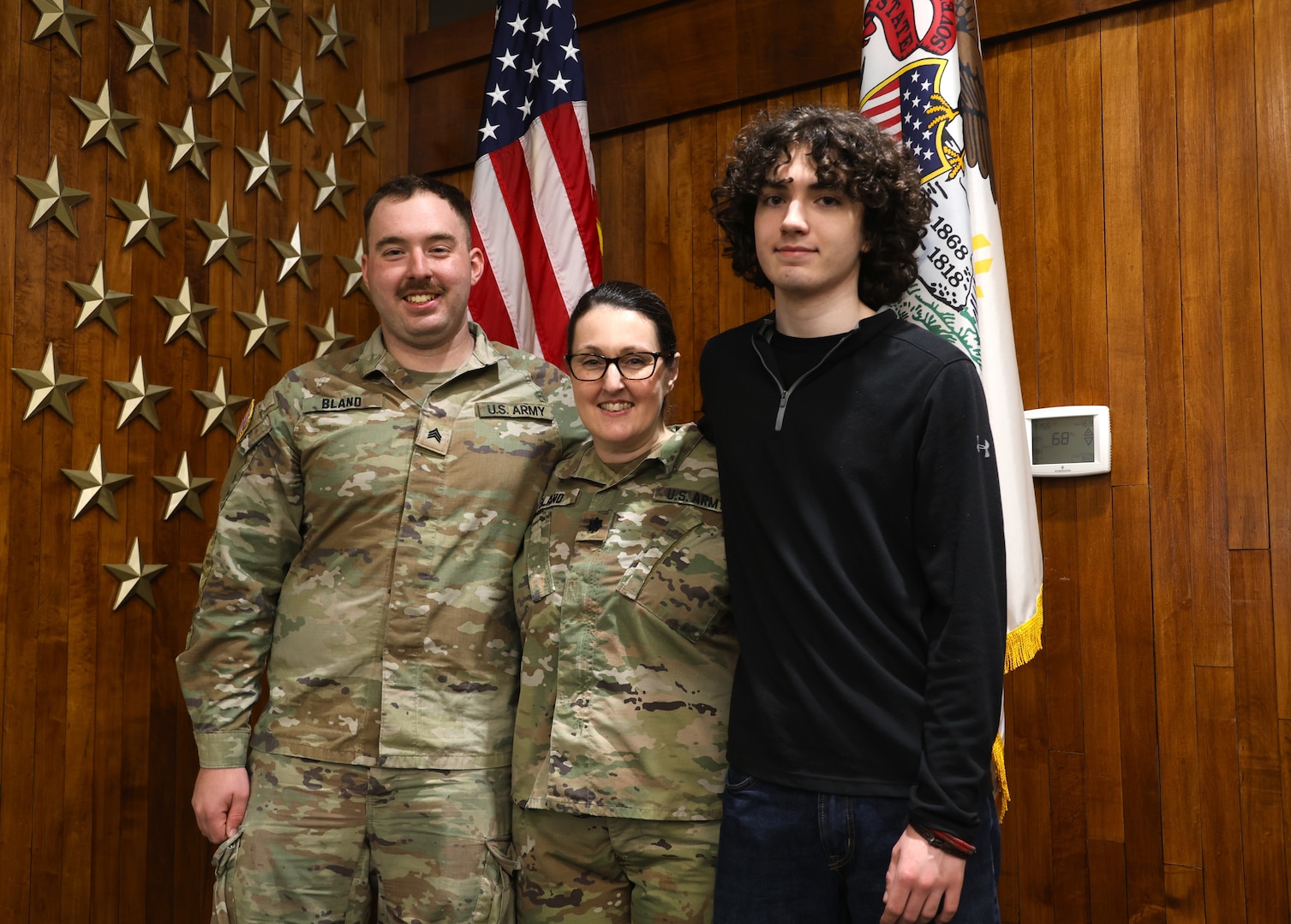 Lt. Col. Bernadette Bland of Belvidere, a veteran of two overseas deployments and multiple domestic emergency missions, with her sons, Sgt. Rob Bland and Kevin Bland, after her retirement ceremony at the Illinois Military Academy Auditorium on Camp Lincoln in Springfield, Ill on May 3, 2026.