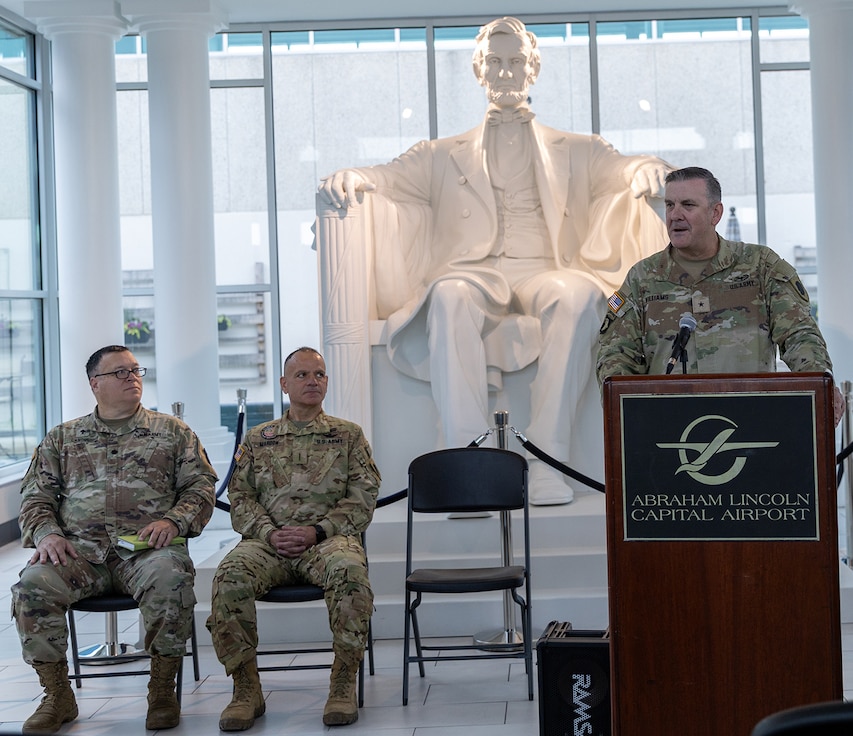 Brig. Gen. Lenny Williams, Assistant Adjutant General – Army and Commander of the Illinois Army National Guard, thanks family members and friends for their support of their Soldiers during a mobilization ceremony at the Abraham Lincoln Capital Airport in Springfield.