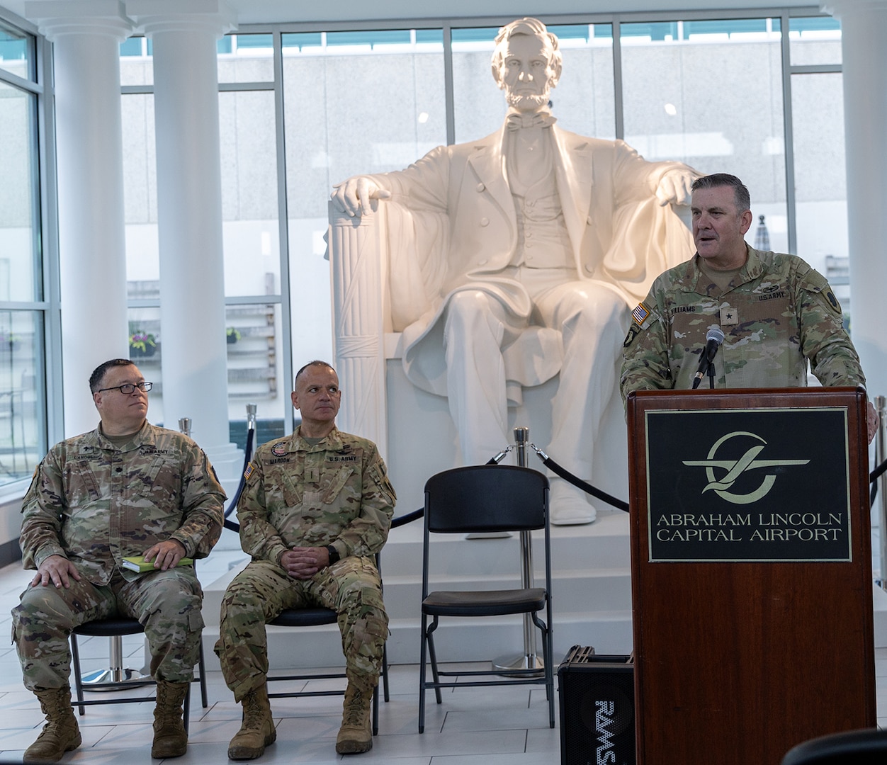 Brig. Gen. Lenny Williams, Assistant Adjutant General – Army and Commander of the Illinois Army National Guard, thanks family members and friends for their support of their Soldiers during a mobilization ceremony at the Abraham Lincoln Capital Airport in Springfield.