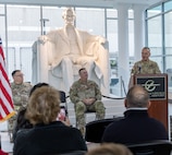 Chief Warrant Officer 5 Michael Maroon, Commander of Detachment 5, Company A, 2nd Battalion, 245th Aviation Regiment, addresses Detachment Soldiers, family members, and friends, during the unit’s mobilization ceremony May 4 at the Abraham Lincoln Capital Airport in Springfield.