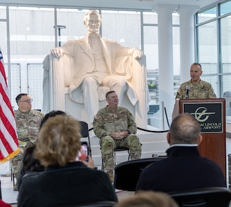 Chief Warrant Officer 5 Michael Maroon, Commander of Detachment 5, Company A, 2nd Battalion, 245th Aviation Regiment, addresses Detachment Soldiers, family members, and friends, during the unit’s mobilization ceremony May 4 at the Abraham Lincoln Capital Airport in Springfield.