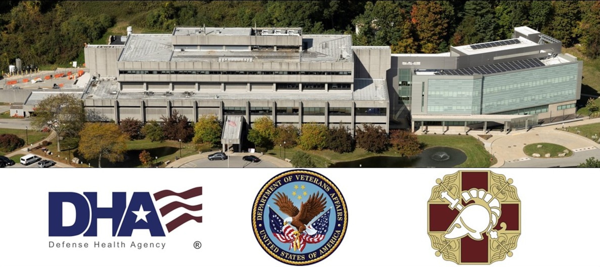 Arial image of Keller Army Community Hospital, West Point, N.Y., with DHA, VA, and Keller logos.