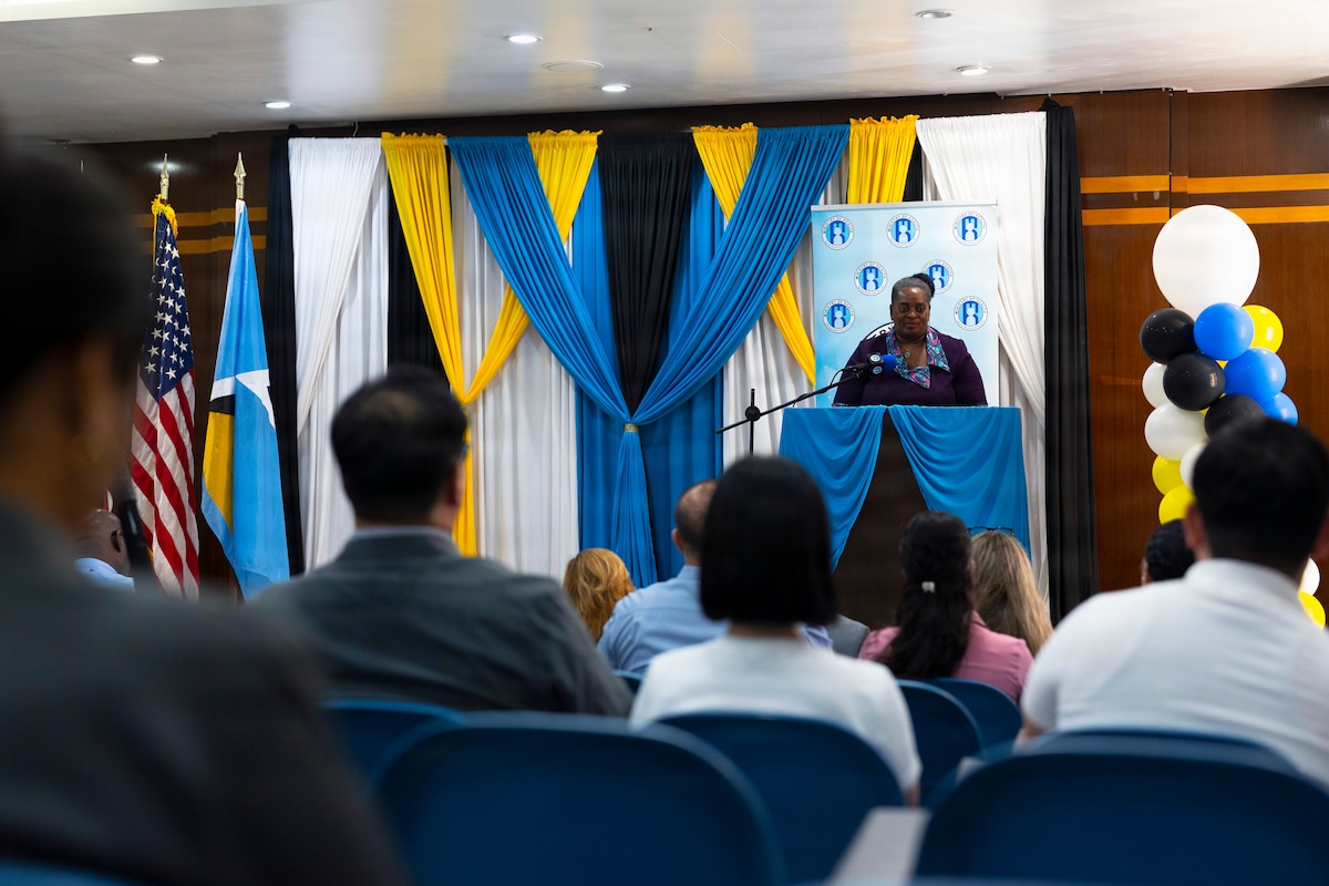 Permanent Secretary for the Ministry of Health, Wellness and Elderly Affairs Jenny Daniel provides remarks during an opening ceremony for the Lesser Antilles Medical Assistance Team (LAMAT) 2026 mission at the Millennium Heights Medical Complex in Castries, Saint Lucia, April 27, 2026. The ceremony marked the official start of a two-week health security cooperation focused on patient care, clinical exchange and strengthening medical readiness across Saint Lucia. (U.S. Air force photo by Tech. Sgt. Rachel Maxwell)