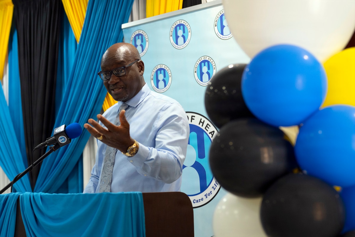 Minister of Health, Wellness and Elderly Affairs, the Honorable Moses Jn Baptiste, provides remarks during an opening ceremony for the Lesser Antilles Medical Assistance Team (LAMAT) 2026 mission at the Millennium Heights Medical Complex in Castries, Saint Lucia, April 27, 2026. The mission integrates U.S. Air Force medical personnel with host-nation providers to deliver patient care and conduct knowledge exchange strengthening health security cooperation and clinical and military readiness. (U.S. Air force photo by Tech. Sgt. Rachel Maxwell)