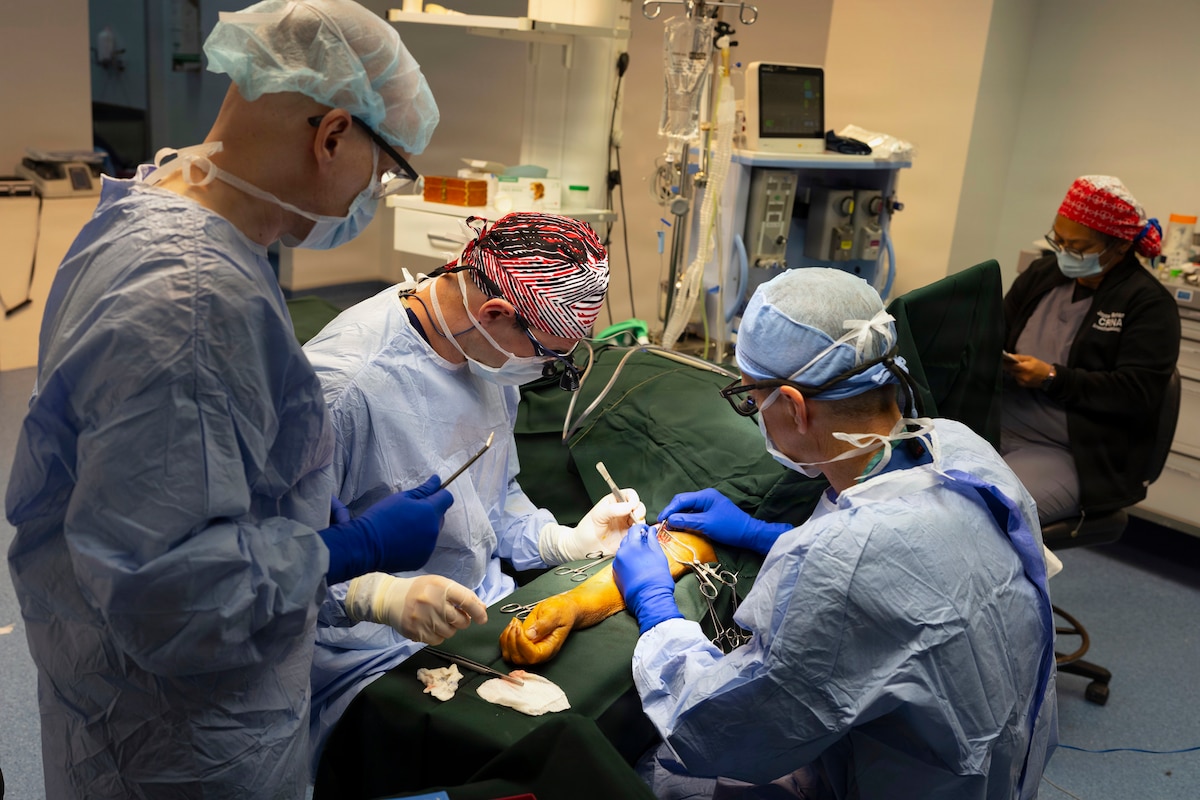 A U.S. Air Force surgical team performs a dialysis access surgery on a patient at Owen King European Union hospital during the Lesser Antilles Medical Assistance Team (LAMAT) 2026 mission in Castries, Saint Lucia, April 27, 2026. Surgical operations conducted during LAMAT 2026 reflected coordinated planning with host-nation healthcare leadership which reinforces trust and demonstrates the United States’ commitment to supporting shared medical priorities. (U.S. Air force photo by Tech. Sgt. Rachel Maxwell)