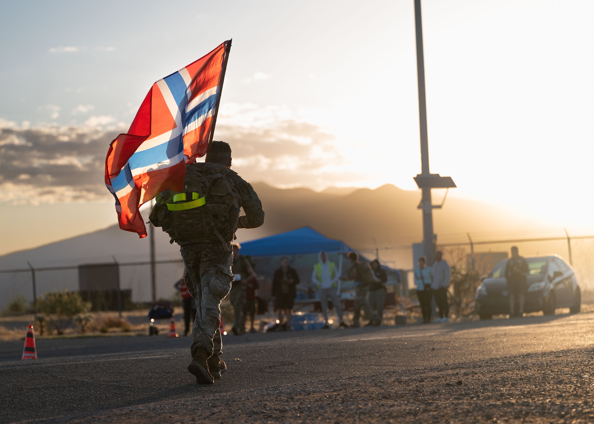 A U.S. Army Soldier participates in the  Norwegian Foot March held at Davis-Monthan Air Force Base, Arizona, May 2, 2026. Originating in Norway as a military endurance test, the ruck march consists of an 18.6-mile march while carrying a pack that weighs at least 25 pounds. (U.S. Air Force photo by Airman Najzee Kuzu)