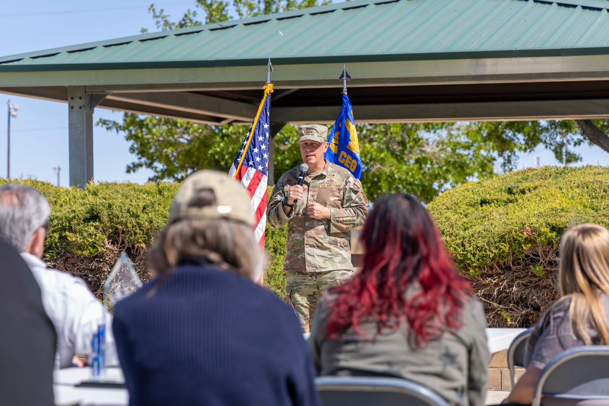 Col. Bradly Bucholz, 412th Civil Engineer Group commander, provides a unit update during a 412th CEG Commander's Call, April 23, 2026, on Edwards Air Force Base, California. (Air Force photo by Jennifer Healy)