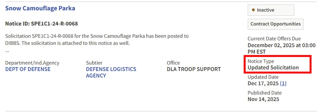 When conducting market research into DLA C&T solicitations in SAM.gov, identify those that have the Notice type Solicitation or Updated Solicitation to review DLA needs, attachments, and requirements of the past..
