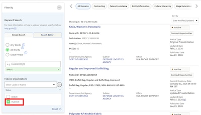 DLA Clothing & Textiles solicitations in SAM.gov can be filtered by Inactive status to gather market research information from previously active solicitations.