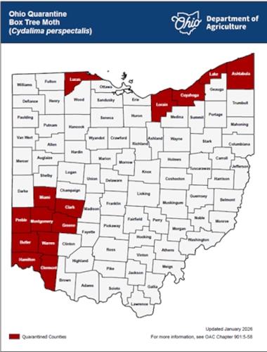 Map highlighting the current Department of Agriculture Box Tree Moth quarantine zones surrounding WPAFB, which restrict the transport of infested boxwood materials to slow the pest's spread.
