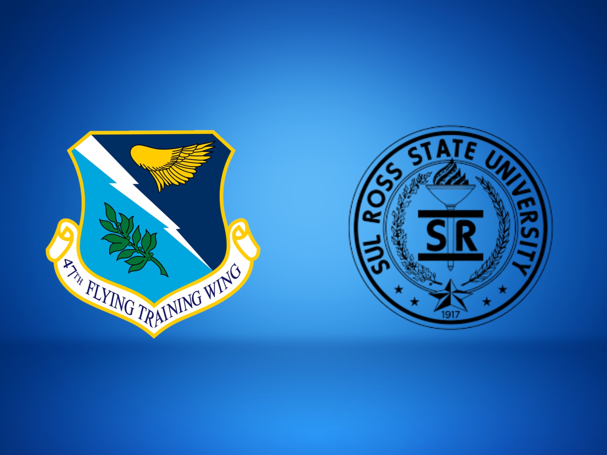 A graphic displaying the 47th Flying Training Wing emblem and Sul Ross State University seal. The 47 FTW and Sul Ross State University partnered together to offer graduate-level academics to gradating student pilots. (U.S. Air Force graphic by Airman 1st Class Darryl Keith)