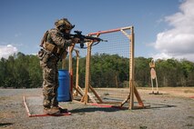 U.S. Marine Corps Sgt. Samuel Bravo, a machine gun team leader with Rifle Company C, 1st Battalion, 23rd Marine Regiment, 4th Marine Division, competes in the Multi-Gun match during the Marine Corps Marksmanship Championships at Marine Corps Base Quantico, Virginia, April 16, 2026. The MCMC brings together the top shooters from regional marksmanship events to test their precision rifle, action rifle, action pistol, and multi-gun action shooting skills, continuing the legacy of the Marine Corps Shooting Team and the Corps’ commitment to marksmanship as a core warfighting skill. (U.S. Marine Corps photo by Cpl. Joshua Barker)