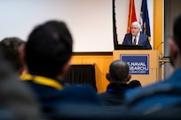 Dr. Bruce Danly, U.S. Naval Research Laboratory (NRL) director of research, gives welcoming remarks to NRL’s Innovation Day for Industry attendees in Washington, D.C., April 28, 2026. The event focused on informing industry and assessing interest in a focused set of emerging technologies that are ready for collaboration with industry partners. (U.S. Navy photo by Sarah Peterson)
