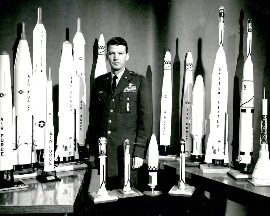 Gen. Bernard Schriever stands with models of some of the systems created under his leadership. Known as the “Father of Air Force space and missiles,” Schriever led the nation’s Intercontinental Ballistic Missile program. Schriever was a regular visitor to Arnold Engineering Development Center during its early years and relied on AEDC for aerodynamic and rocket propulsion data. (U.S. Air Force photo)