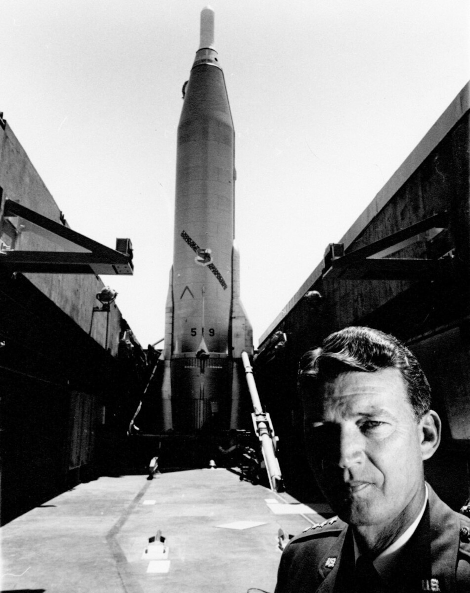 Gen. Bernard Schriever poses for a photo in front of an Atlas Missile, the Air Force’s first Intercontinental Ballistic Missile. Known as the “Father of Air Force space and missiles,” Schriever led the nation’s Intercontinental Ballistic Missile program. Schriever was a regular visitor to Arnold Engineering Development Center during its early years and relied on AEDC for aerodynamic and rocket propulsion data. (U.S. Air Force photo)