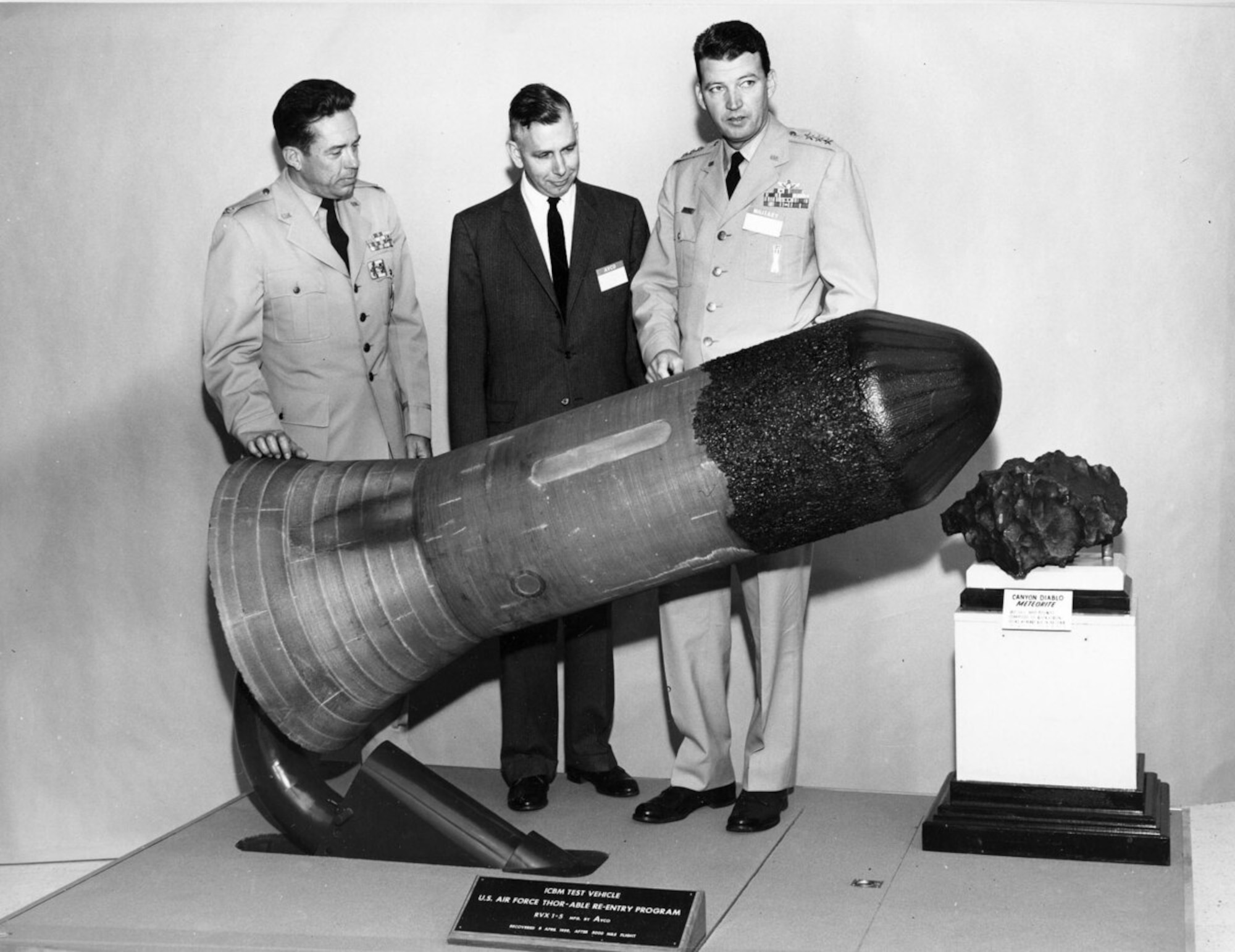 Gen. Bernard Schriever, right, inspects an experimental missile reentry vehicle in 1959. Known as the “Father of Air Force space and missiles,” Schriever led the nation’s Intercontinental Ballistic Missile program. Schriever was a regular visitor to Arnold Engineering Development Center during its early years and relied on AEDC for aerodynamic and rocket propulsion data. (U.S. Air Force photo)