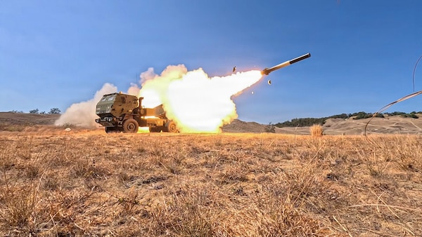 U.S. Soldiers assigned to 2-11 Long Range Fires Battalion, 25th Infantry Division Artillery, fire a High Mobility Artillery Rocket System during a counter-landing live-fire exercise as part of Exercise Balikatan 2026 at La Paz Sand Dunes, Laoag City, Philippines, May 4, 2026.