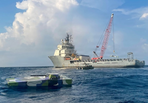 U.S. Indo-Pacific Command (USINDOPACOM) J7 Pacific Multi-Domain Training and Experimentation Capability (PMTEC) offloads a maritime drone target from U.S. Army ocean-contracted vessel MB480 in Palawan, Philippines, prior to the counter-landing live-fire exercise during Exercise Balikatan 2026 on April 27, 2026.