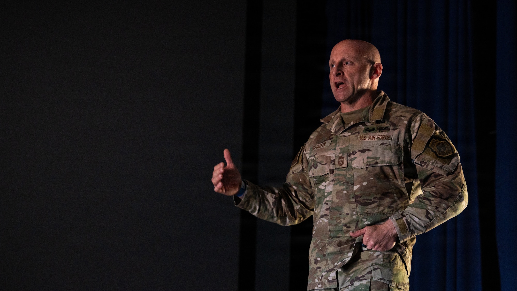 U.S. Air Force Chief Master Sgt. Thomas Schaefer, Seventh Air Force command chief, gives a briefing during the Seventh Air Force Leadership Development Series at Osan Air Base, Republic of Korea, April 24, 2026. The LDS is dedicated to promoting education and deliberate development by aligning talented personnel directly with core mission objectives. (U.S. Air Force photo by Senior Airman Jessica Mun)