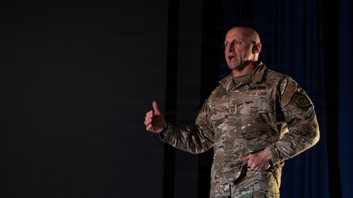 U.S. Air Force Chief Master Sgt. Thomas Schaefer, Seventh Air Force command chief, gives a briefing during the Seventh Air Force Leadership Development Series at Osan Air Base, Republic of Korea, April 24, 2026. The LDS is dedicated to promoting education and deliberate development by aligning talented personnel directly with core mission objectives. (U.S. Air Force photo by Senior Airman Jessica Mun)