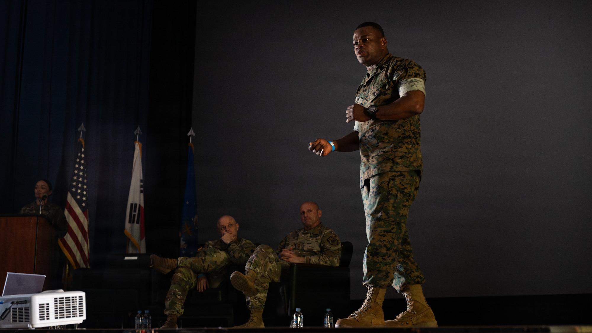 U.S. Marine Corps Sgt. Maj. Ismael Bamba, U.S. Marine Corps Forces Korea command senior enlisted leader, discusses the role of Marine forces on the Korean Peninsula at Osan Air Base, Republic of Korea, April 24, 2026. The goal of the Leadership Development Series is to elevate operational readiness and foster a culture of continuous improvement across the Air Force. (U.S. Air Force photo by Senior Airman Jessica Mun)